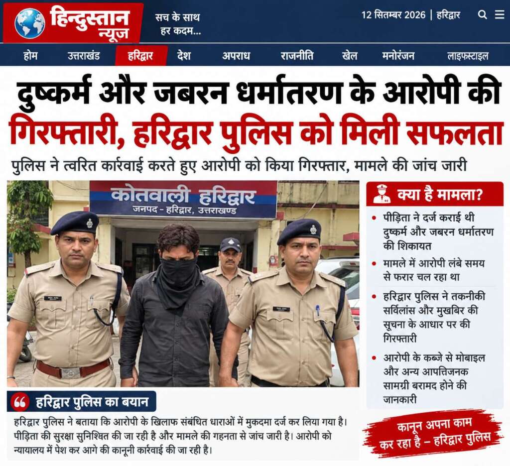 दुष्कर्म और जबरन धर्मांतरण के आरोपी की गिरफ्तारी, हरिद्वार पुलिस को मिली सफलता