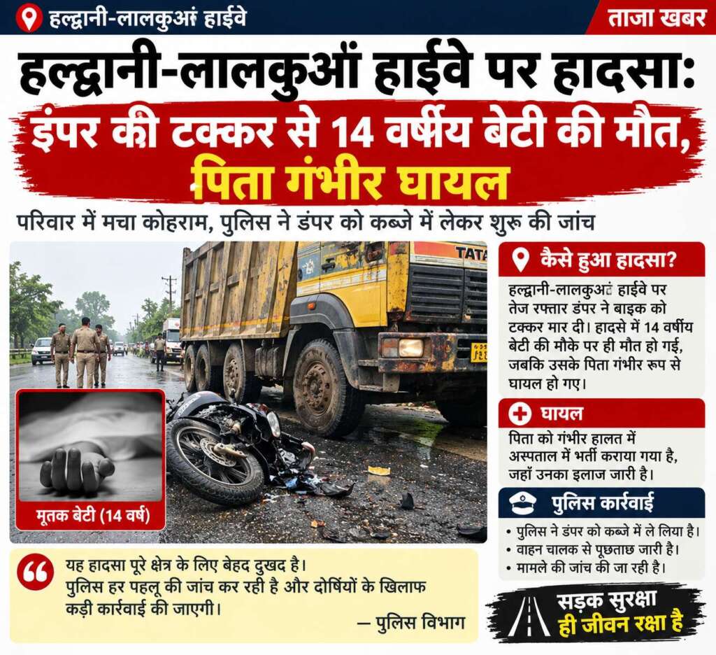 हल्द्वानी-लालकुआं हाईवे पर हादसा: डंपर की टक्कर से 14 वर्षीय बेटी की मौत, पिता गंभीर घायल